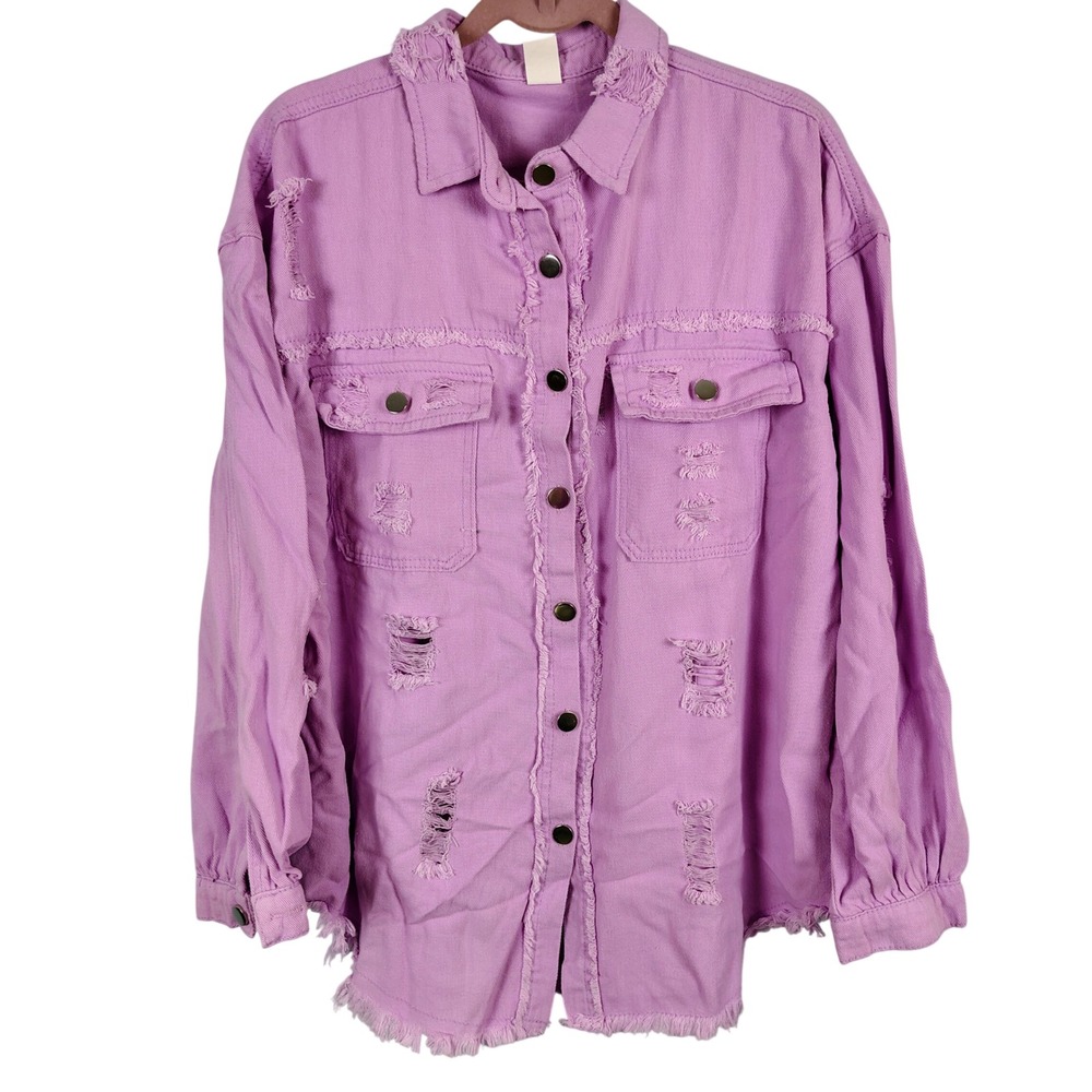 Womens XXL Distressed Denim Shacket Purple Cotton Blend Streetwear Grunge